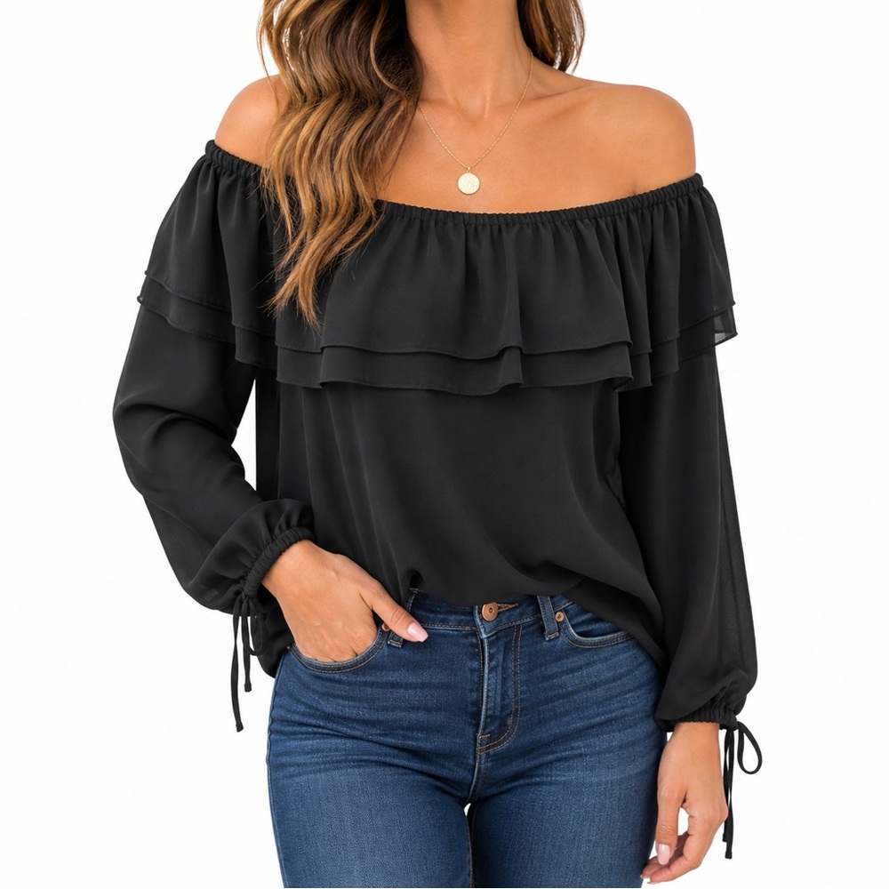 Michael Kors Black Off Shoulder Ruffle Blouse Boho Peasant Top L